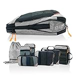Kleidertaschen Set mit Kompression für Koffer und Rucksack [7-teilig] mit Packbeutel - mehr Platz im Koffer oder Backpack durch Kompression – Packtaschen für Koffer für Wander Ausrüstung (grau)